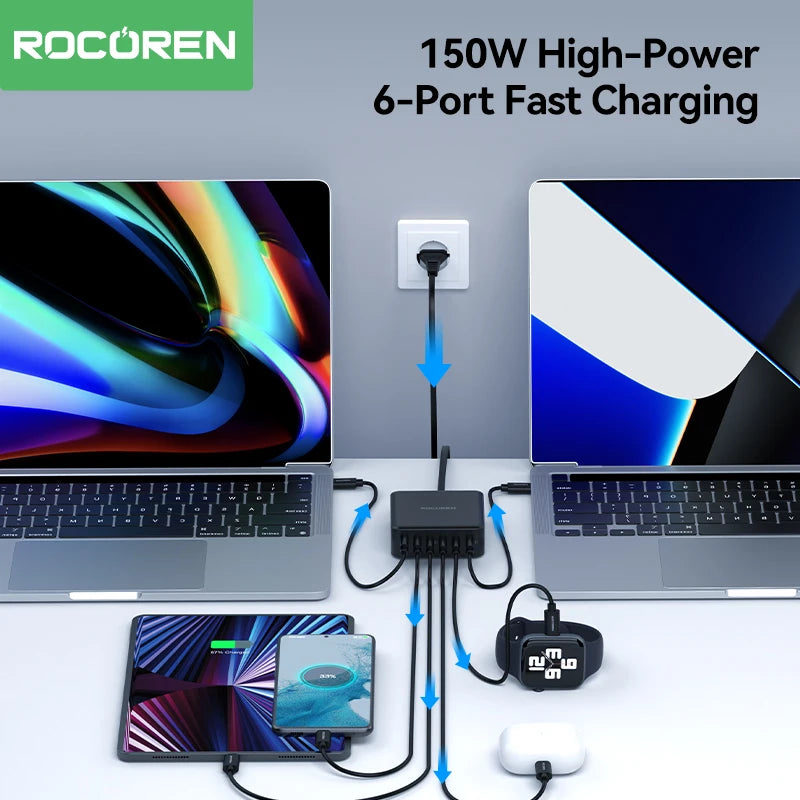 Rocoren 150W 6-Port USB-C Desktop Fast Charging Station Multi-Port USB-C Charger Nixie