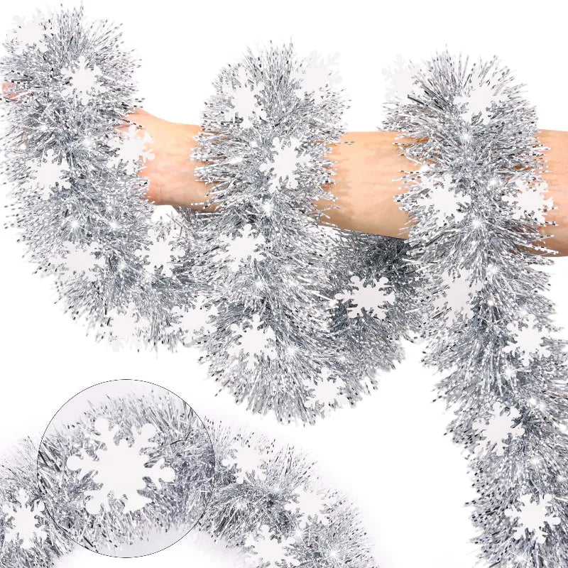 2M Christmas Snowflake Tinsel Garland – Metallic Twist Decor Christmas Tinsel Garland Nixie Silver-White Snowfla