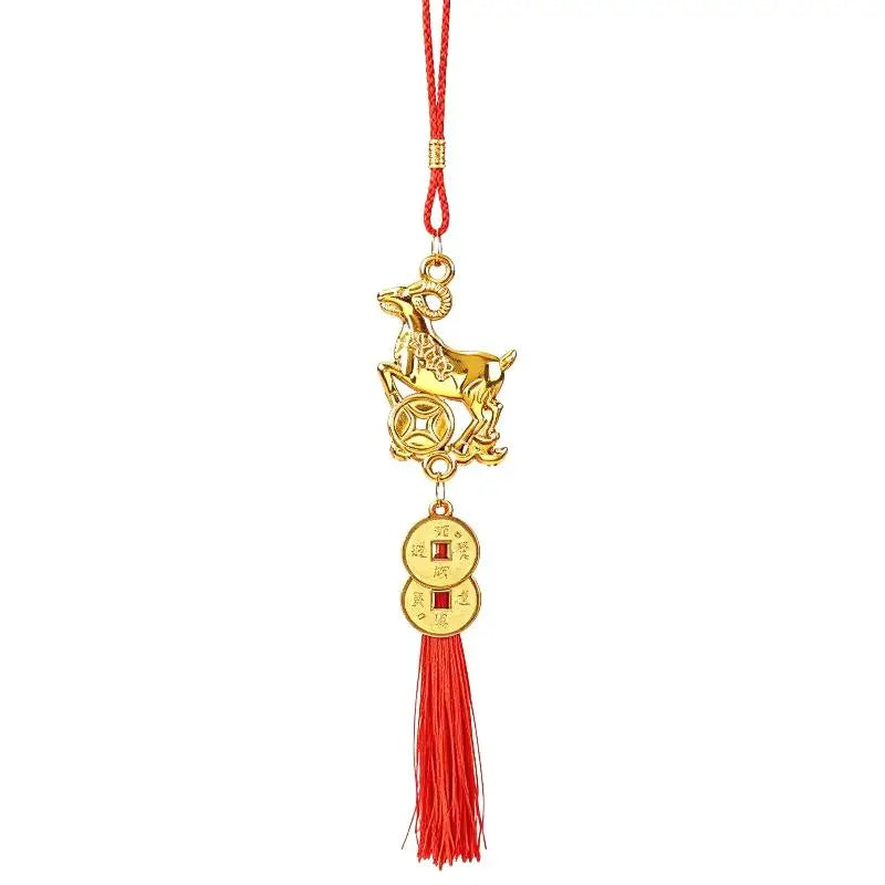 Golden Chinese Zodiac Goat Ornament with Red Tassel Lucky Charm