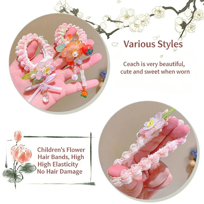 Girls Hanfu Floral Hair Tie with Pearls & Beads | Elastic Bun Rope Girls Hair Accessory Nixie