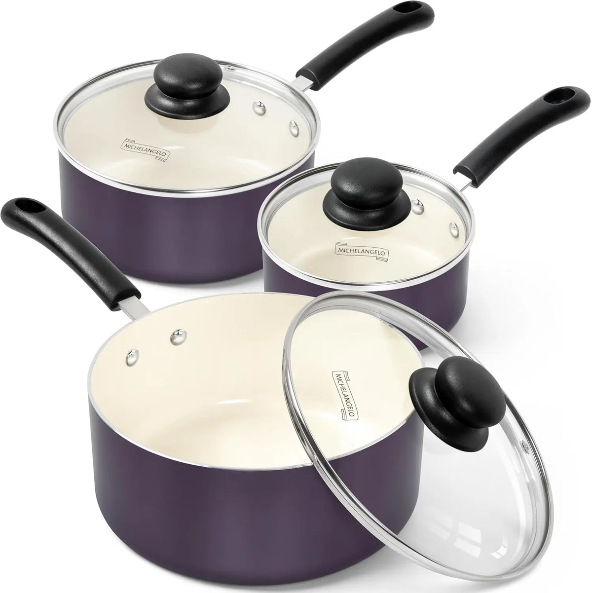 MICHELANGELO 3-Pc Nonstick Ceramic Saucepan Set 1QT 2QT 3QT Nonstick Saucepan Set Nixie 3pcs purple