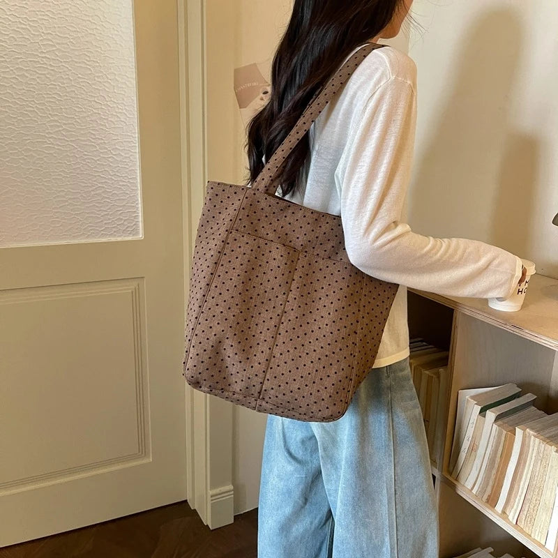 Korean Polka Dot Canvas Tote Bag – Chic Multi-Way Shoulder Bag Canvas Shoulder Tote Nixie