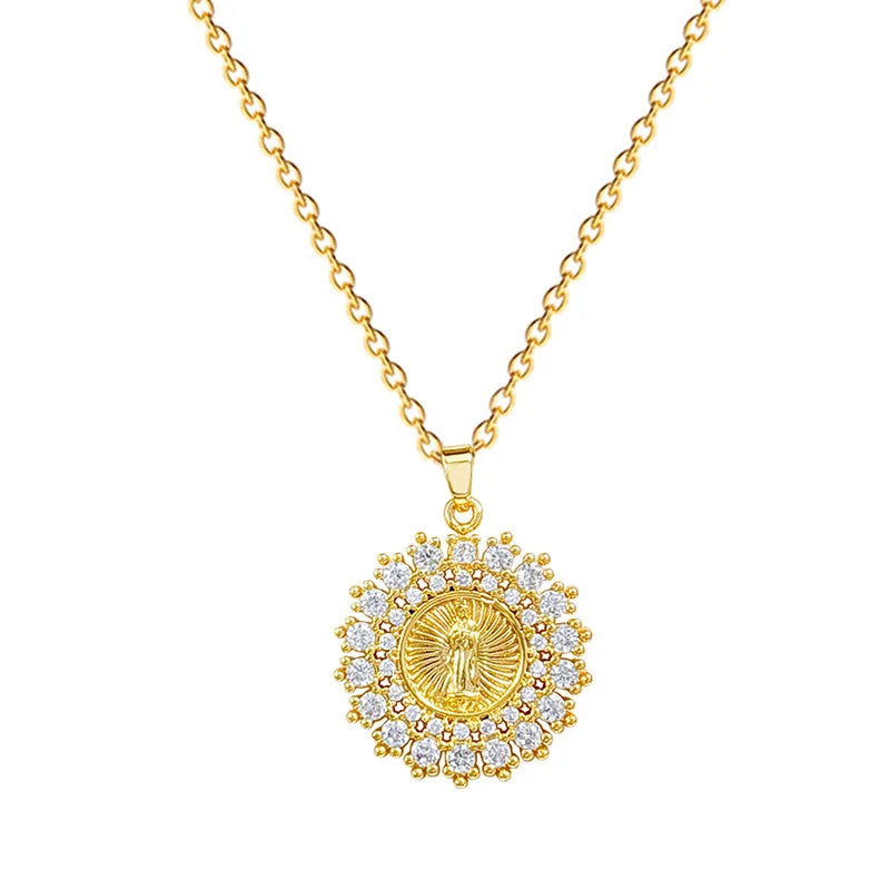 Women's Gold Plated Round Portrait Pendant Choker Necklace