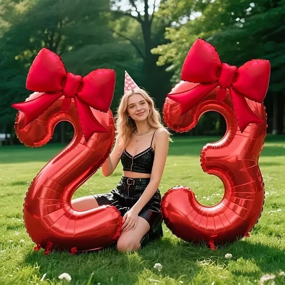 32" Red Number Foil Balloons 0-9 with Bowknot | Party Decor Party Foil Balloon Nixie