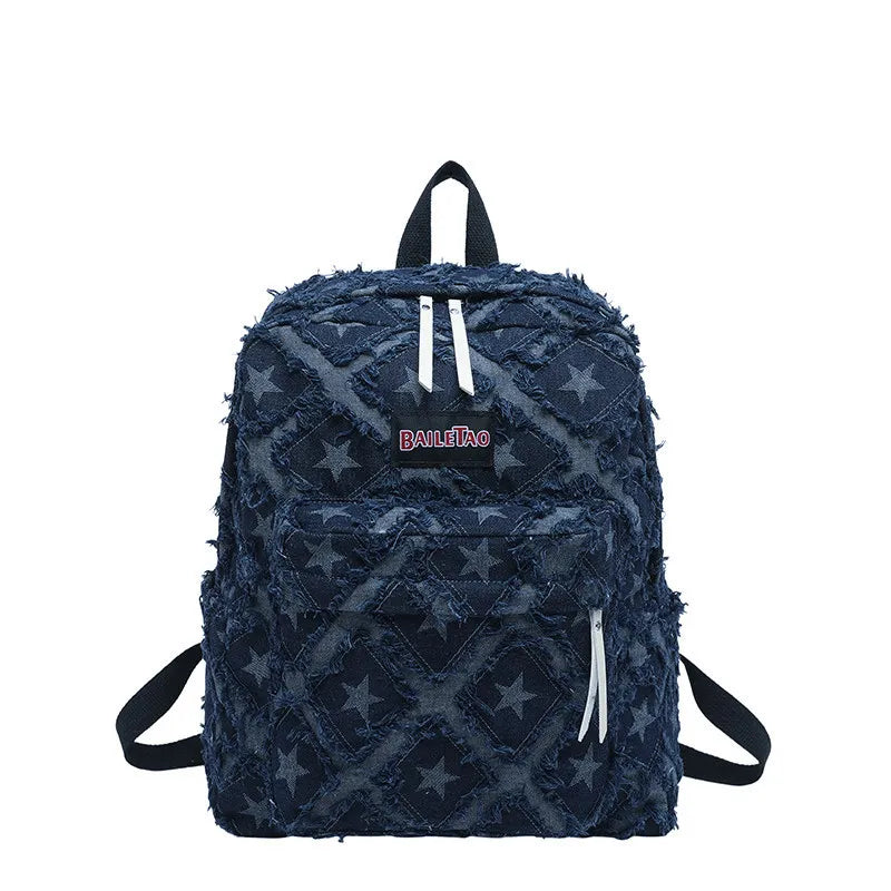 Vintage Star Denim Backpack with Tassel Fringe | Large Capacity