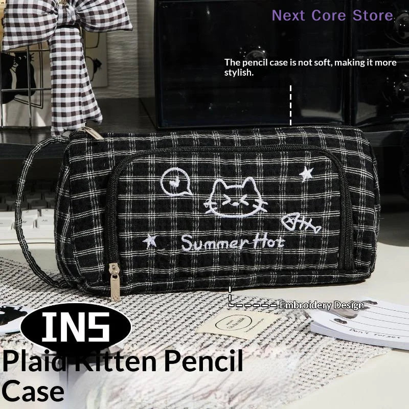 Cute Cat Embroidery Pencil Case Large Capacity Stationery Bag Embroidery Pencil Case Nixie
