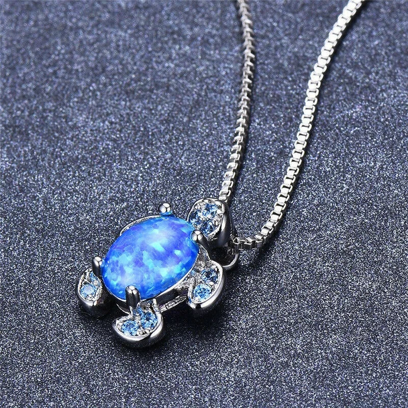 Blue Simulated Opal Turtle Pendant Necklace | Zinc Alloy Pendant Necklace Nixie
