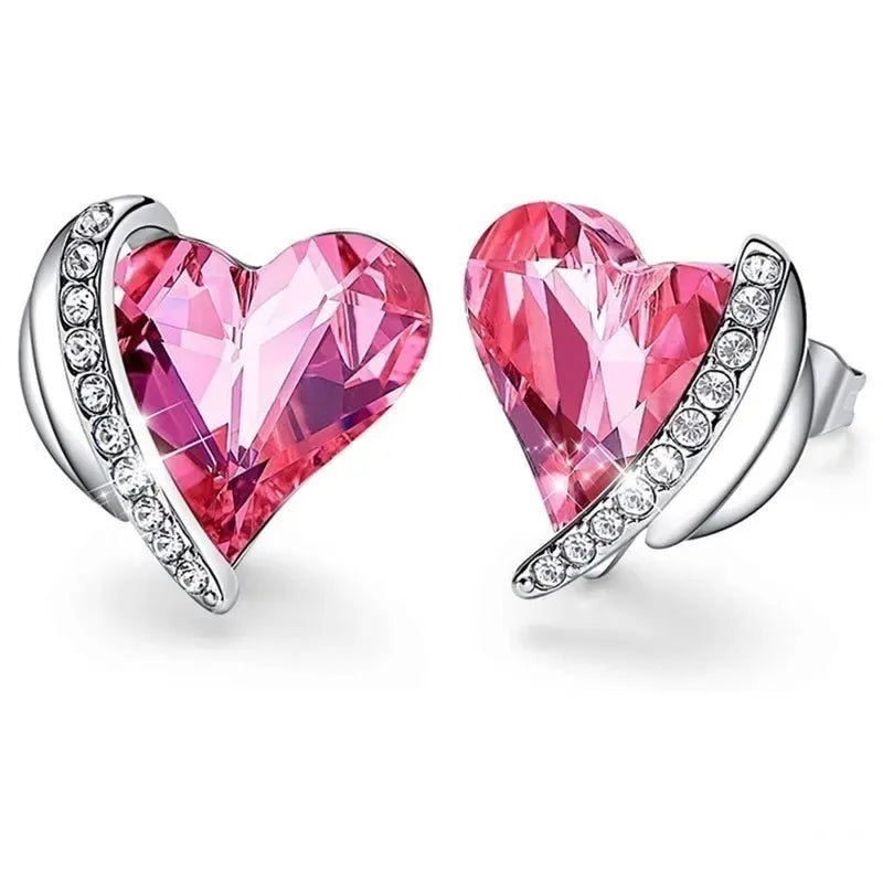 925 Silver & Rose Gold Crystal Heart Stud Earrings for Women