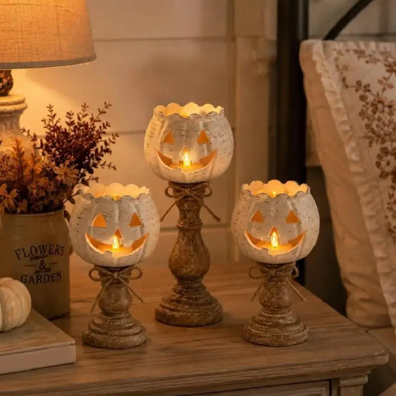 Pumpkin Jack-O'-Lantern Resin Candle Holder | Halloween Decor Candle Holder Set Nixie