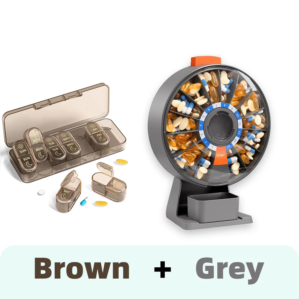 14-Day & 7-Day Pill Organizer Set – Home & Travel Case Pill Organizer Set Nixie Brown-Grey