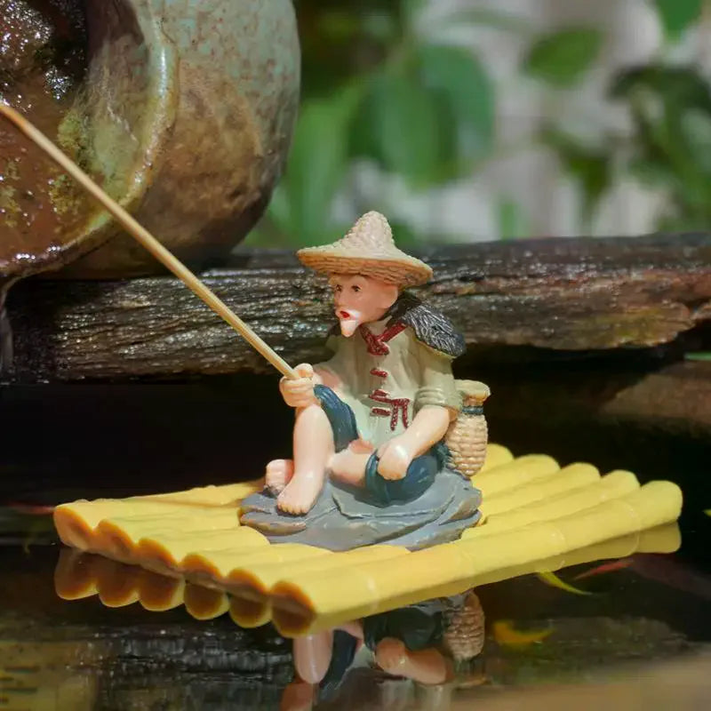 Bamboo Raft Fisherman PVC Figurine | Pond & Aquarium Decor Garden Figurine Nixie
