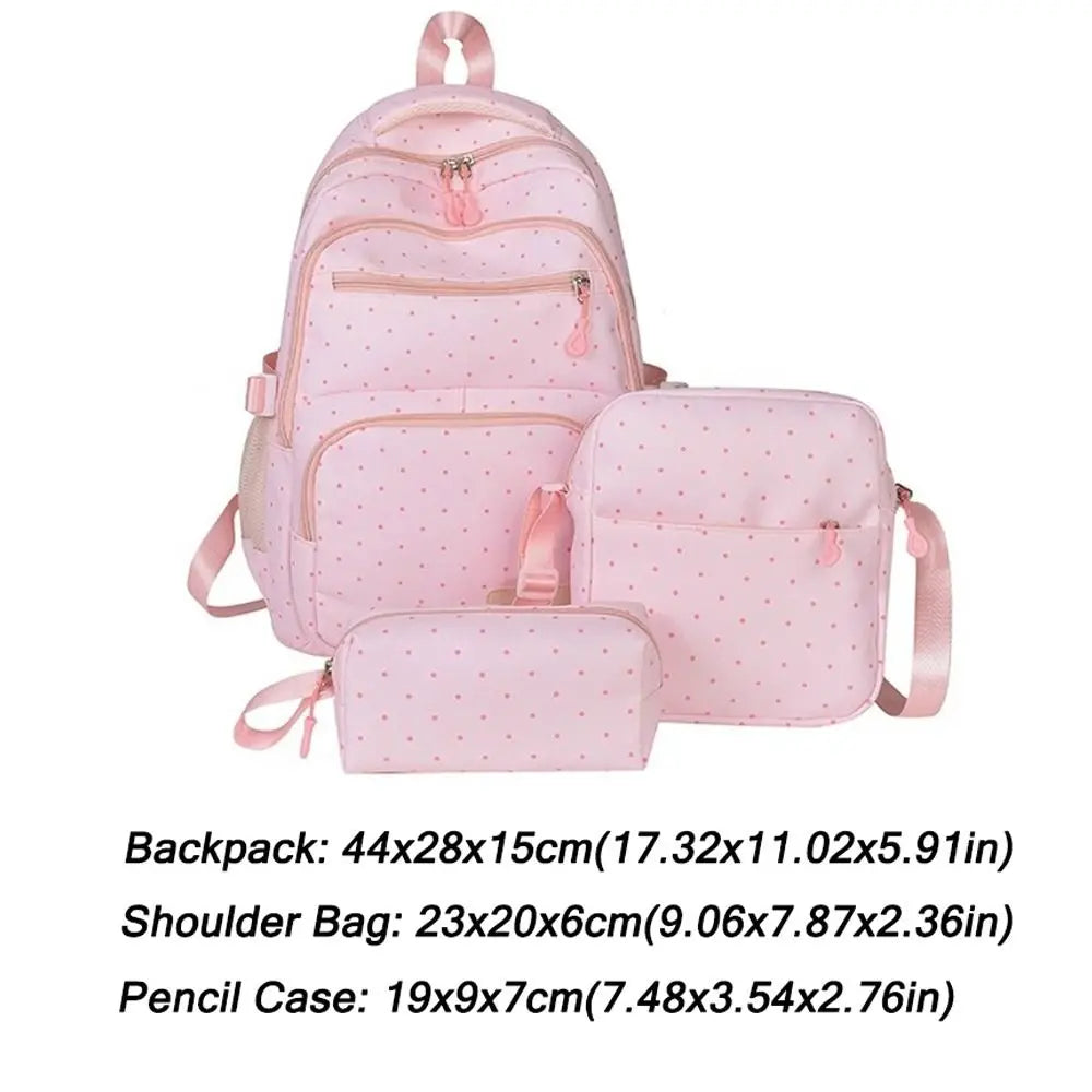 Nylon Polka Dot Girls Backpack Set – Multi Compartment School Bag