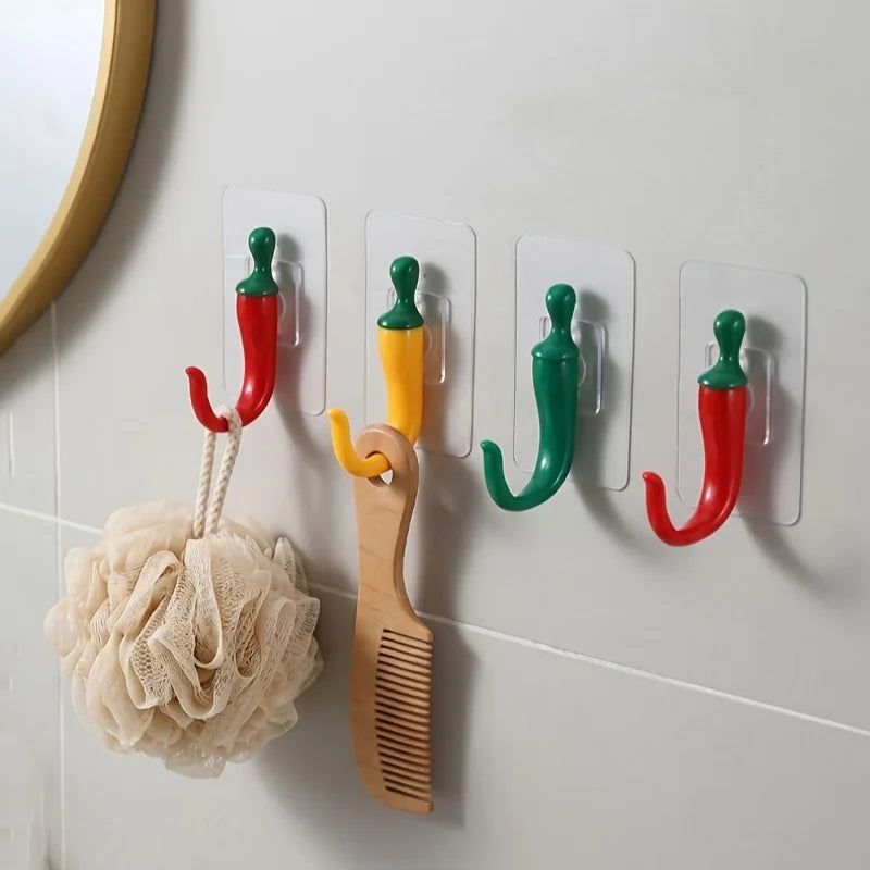 Chili Pepper Wall Hooks Self-Adhesive No-Drill 4pcs Decor Decorative Wall Hooks Nixie