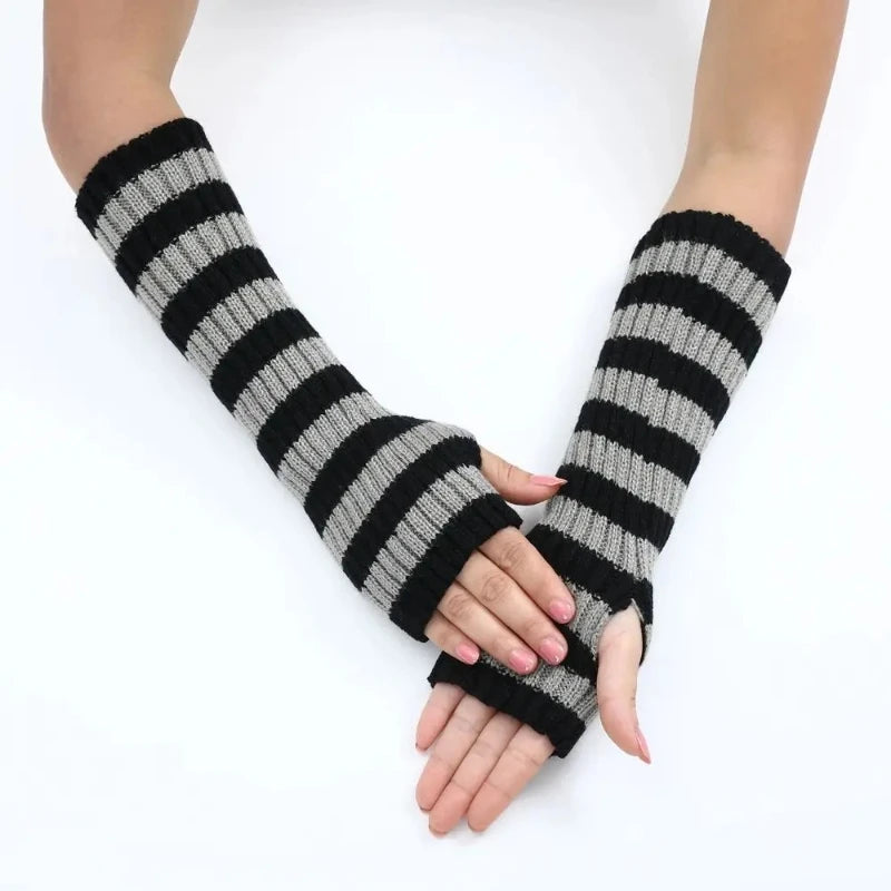Knitted Punk Stripe Arm Warmers Half Finger Sleeves | Nixie Knitted Arm Warmers Nixie