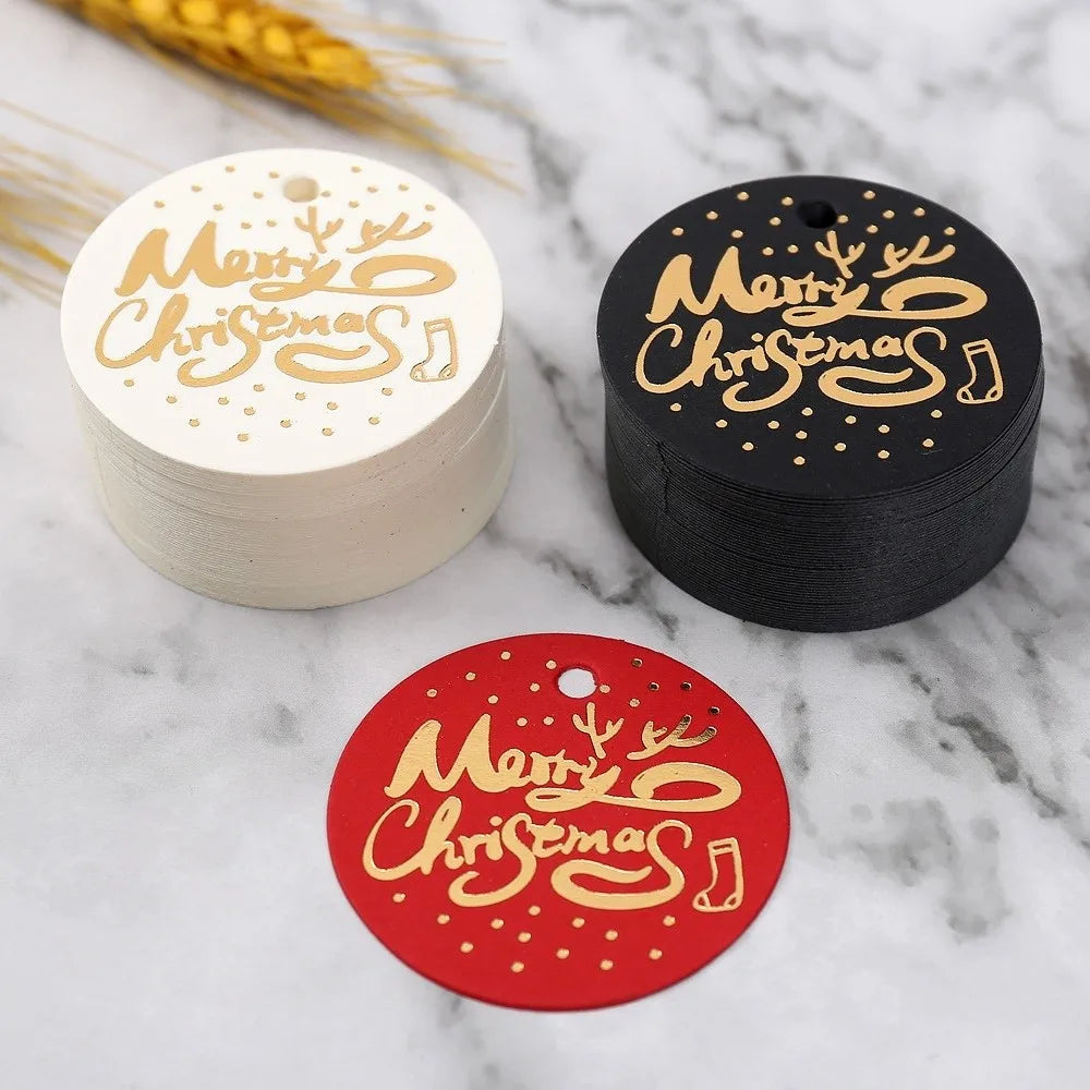 100Pcs Round Christmas Gift Tags – White & Red Paper Labels