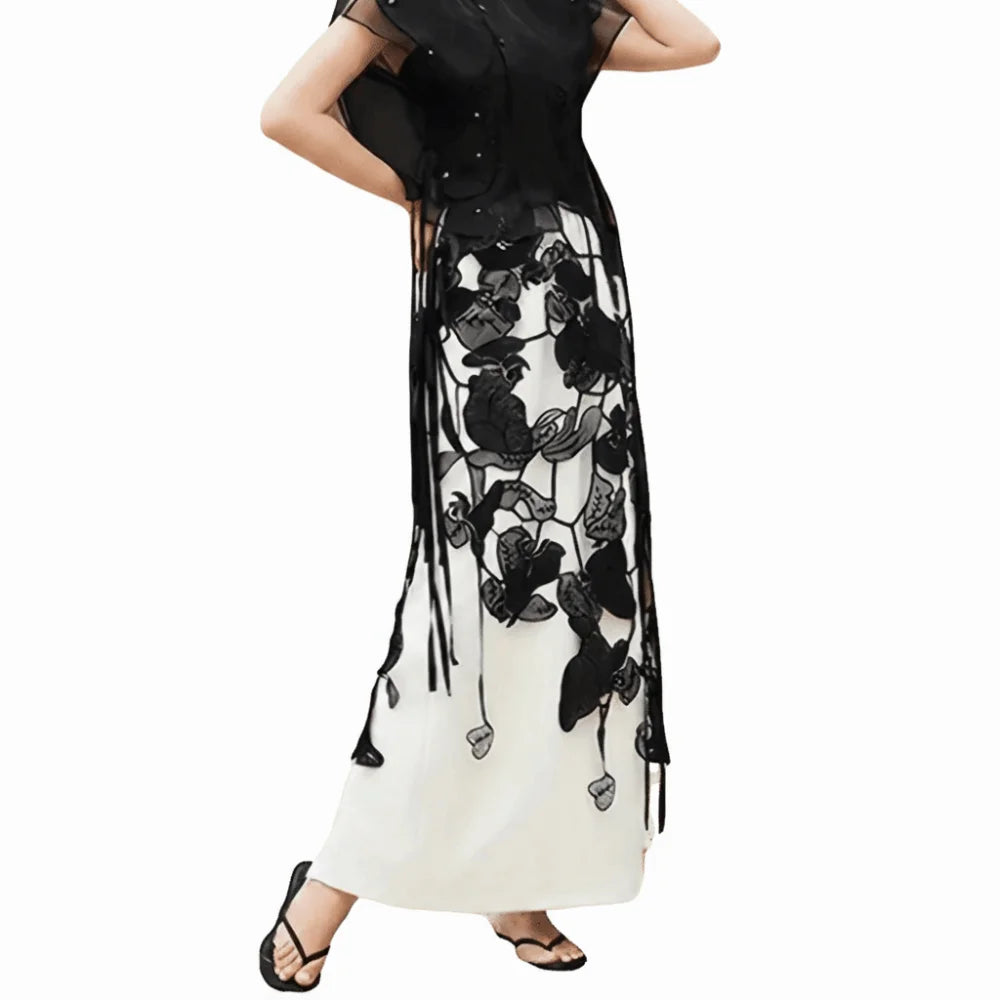 High Waist Lace Midi Skirt Hollow Tassel Side Slit Y2K Style Lace Midi Skirt Nixie