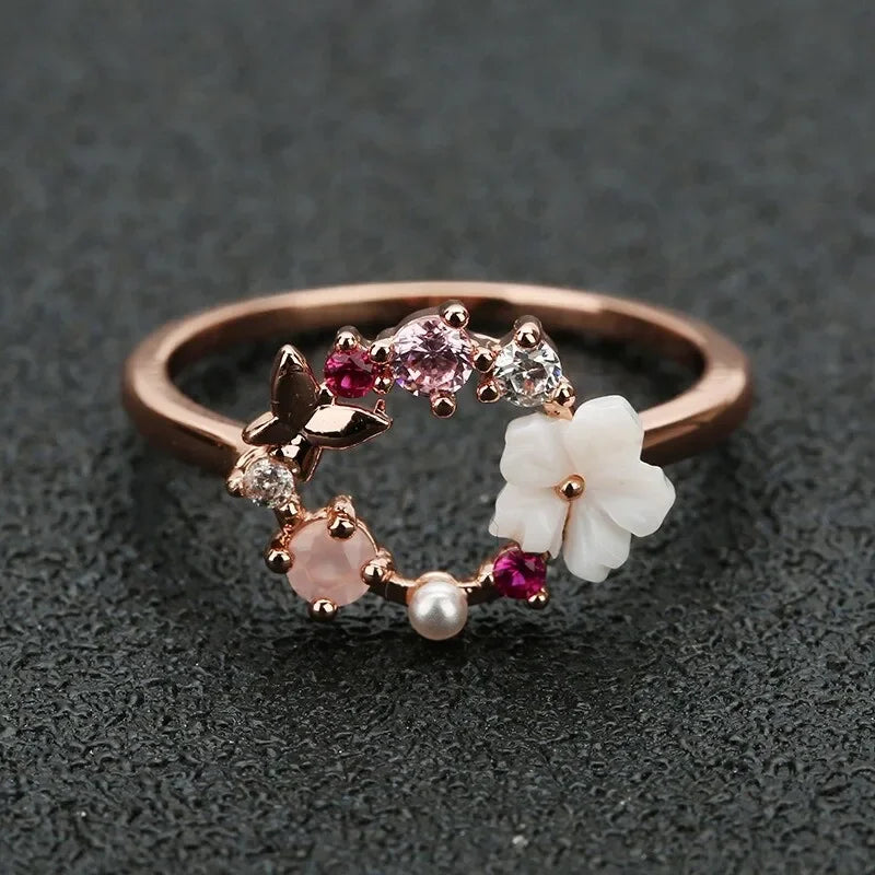 Butterfly Flower Rose Gold Zircon Ring – Sizes 6–10 Fashion Ring Nixie WHITE 3.5