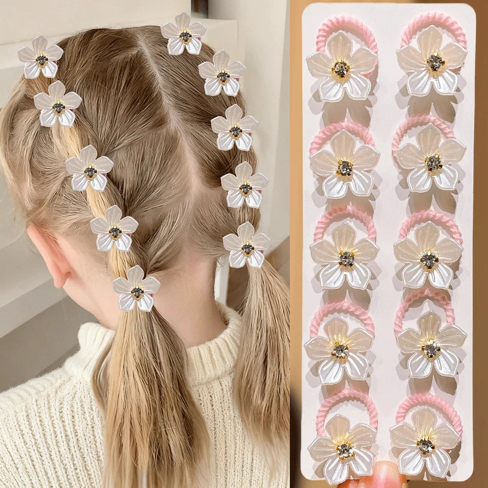 10pcs Girls Rhinestone Flower Elastic Hair Ties | Hair Bands Elastic Hair Ties Nixie WHITE