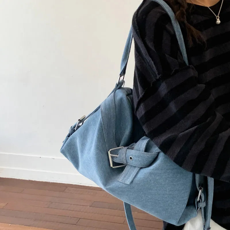 Korean-Style Large Denim Tote Bag – Shoulder & Crossbody Denim Tote Bag Nixie