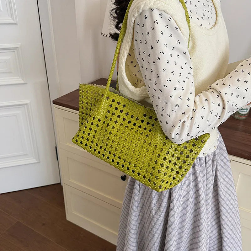 Korean Woven Hollow Basket Bag – Candy Color Beach Satchel Woven Basket Bag Nixie Green
