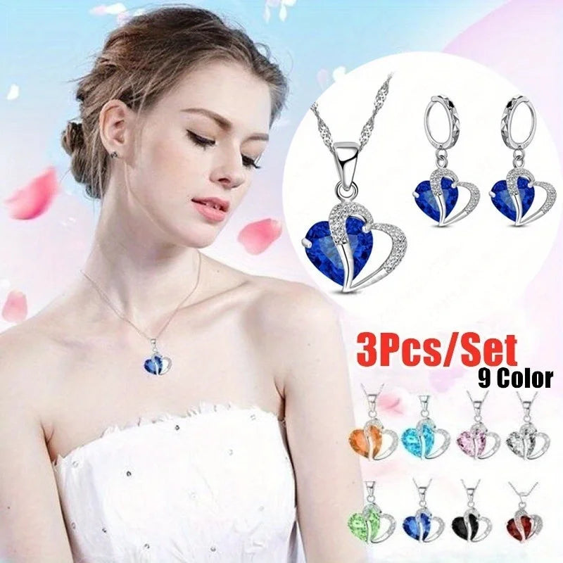 Heart Crystal Zirconia Necklace & Earring Set | 3-Piece Jewelry Crystal Jewelry Set Nixie