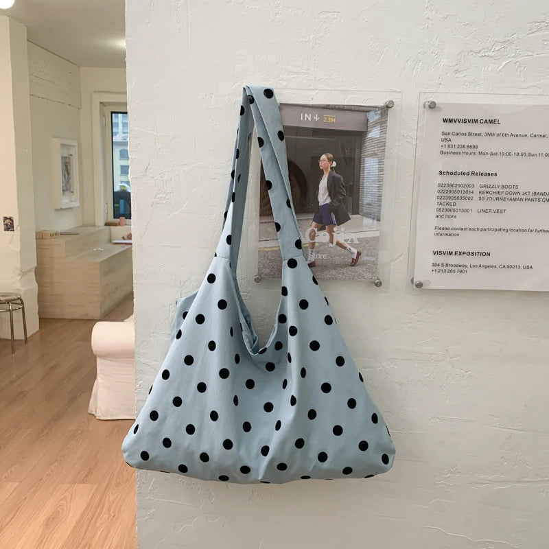 Korean Polka Dot Canvas Tote Bag – Retro Minimalist Shoulder Bag Canvas Tote Bag Nixie