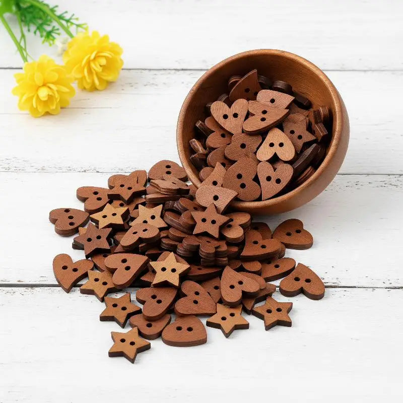 100pcs Wooden Sewing Buttons – Heart & Star DIY Craft Set Wooden Craft Buttons Nixie