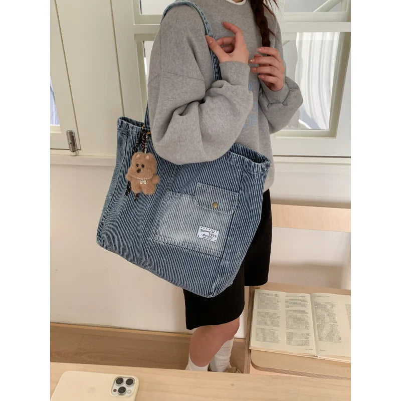 Nixie Korean Striped Denim Tote – Large Canvas Shoulder Bag Denim Canvas Tote Bag Nixie