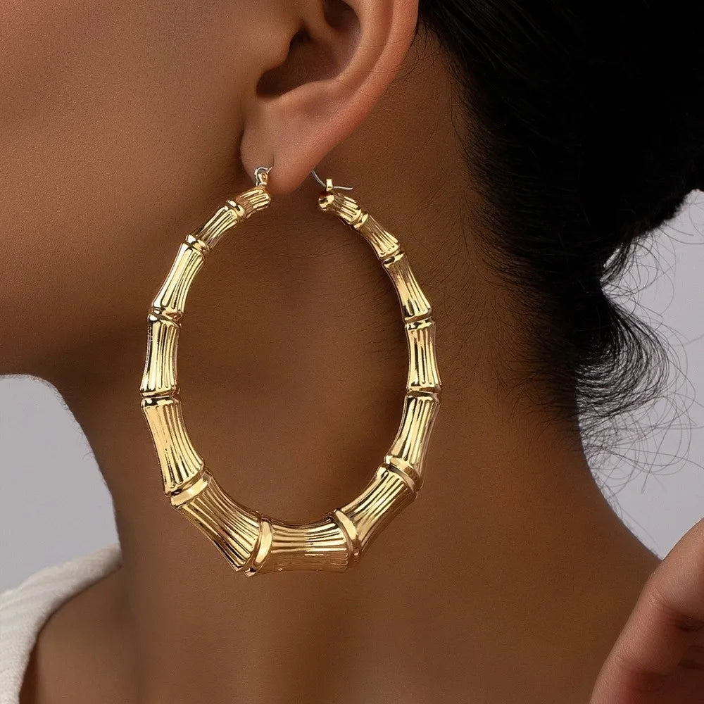 Gold Bamboo Hoop Drop Earrings – Geometric Hollow Punk Dangle Hoop Drop Earrings Nixie