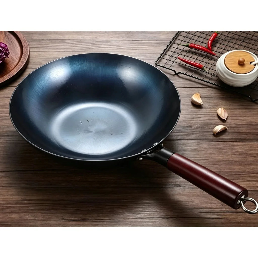 FEB.WIND 30cm Hand-Forged Iron Wok – Uncoated, Wooden Handle