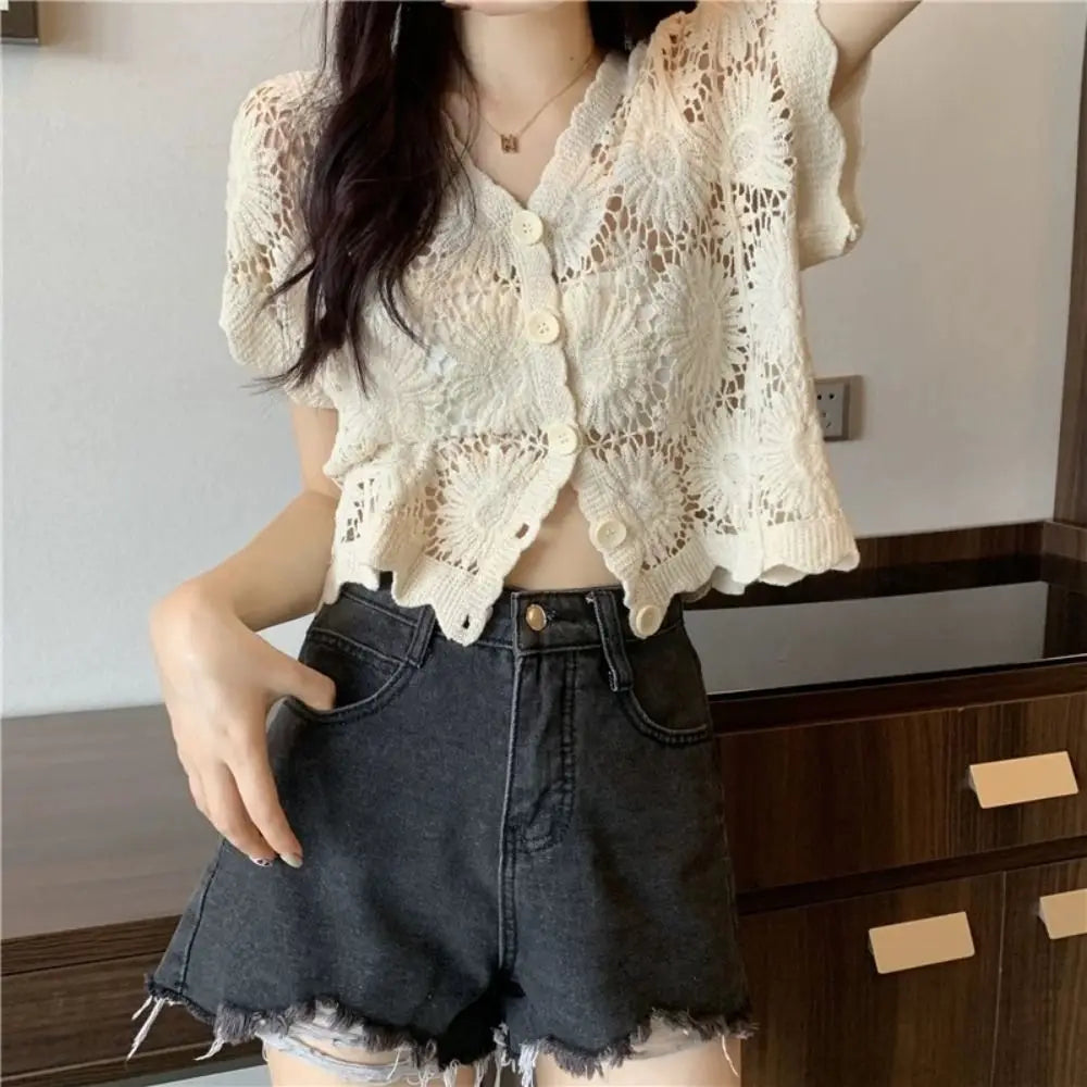 Women's V-Neck Crochet Cardigan Open-Knit Boho Blouse Crochet Cardigan Nixie