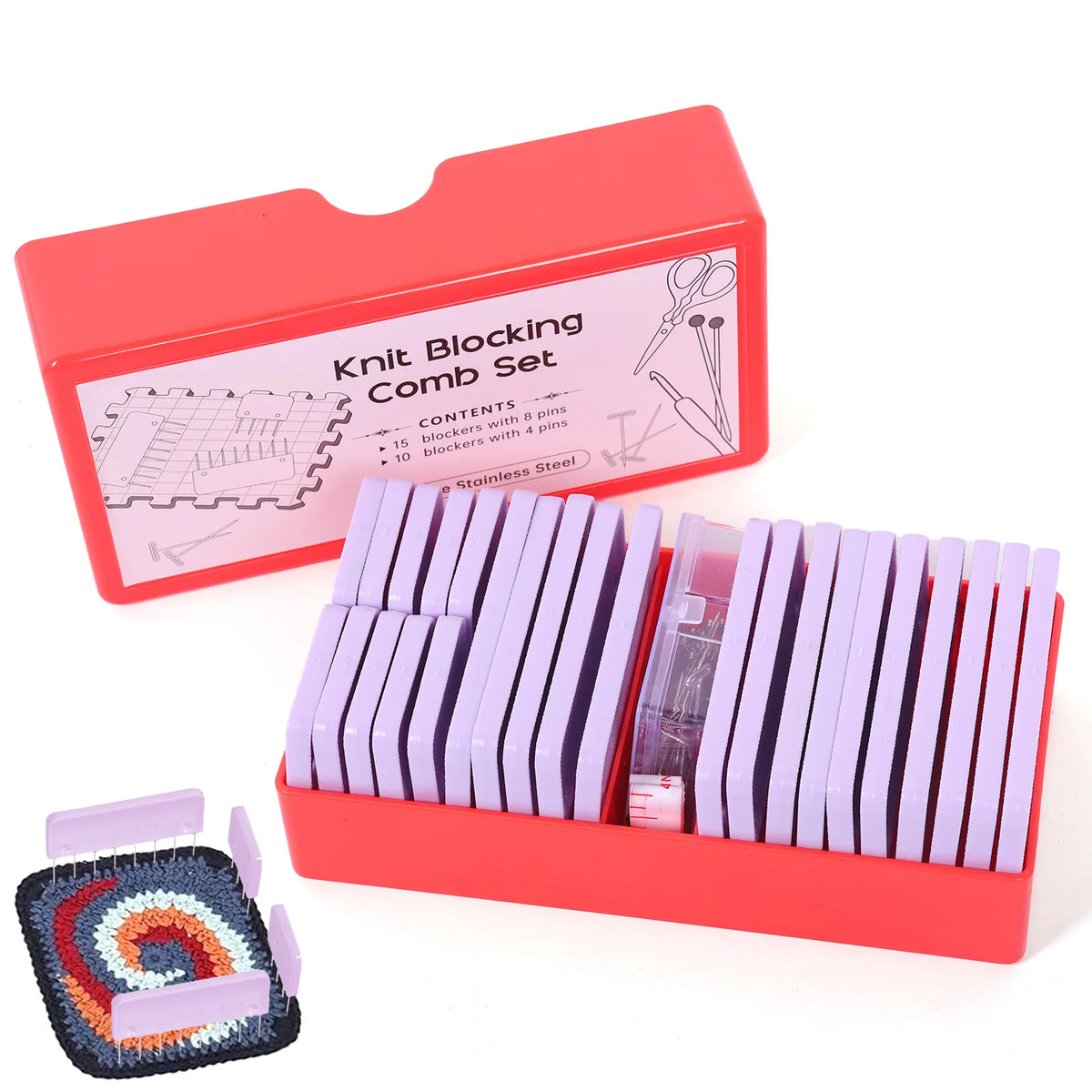 Knit Blocking Comb Set – 57 Pcs with T-Pins & Measuring Tape Knitting Blocking Set Nixie Purple 25