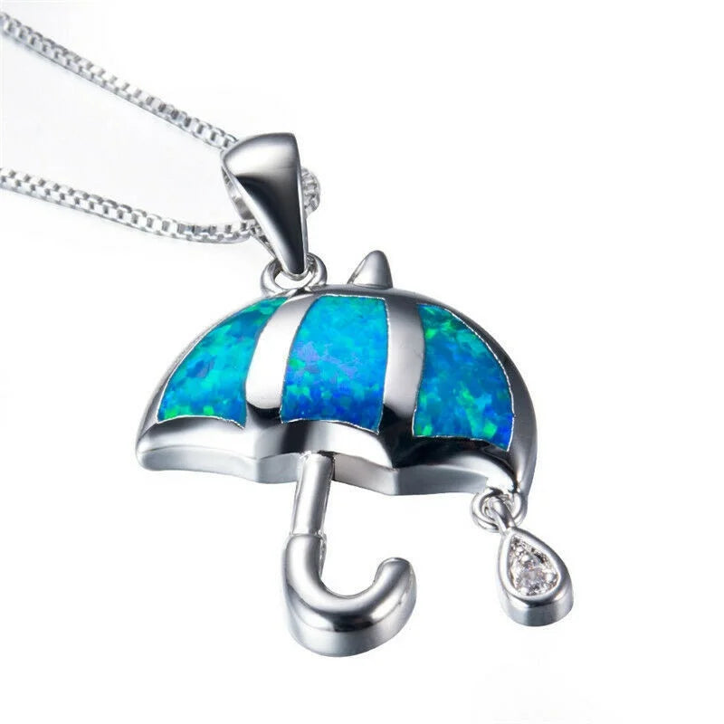 Silver Simulated Opal Umbrella Pendant Necklace | Gift Jewelry Pendant Necklace Nixie Blue