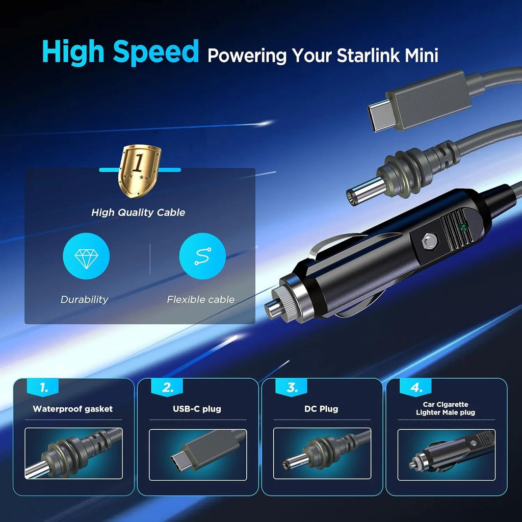3-in-1 Starlink Mini Power Cable – USB-C, Car & DC to DC Replacement Power Cable Nixie