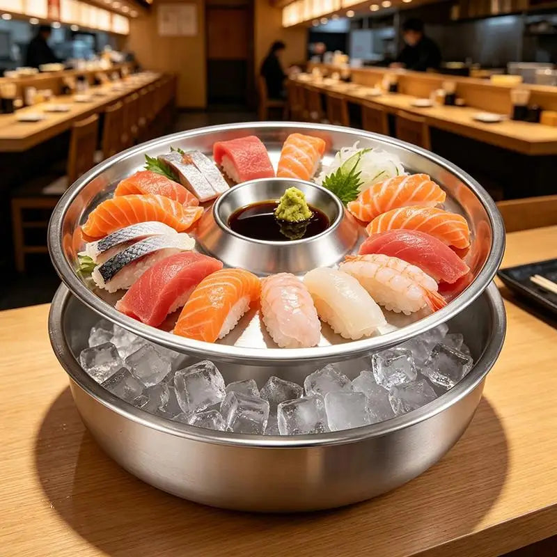 Stainless Steel Sashimi Ice Plate with Dipping Dish Sashimi Ice Serving Tray Nixie