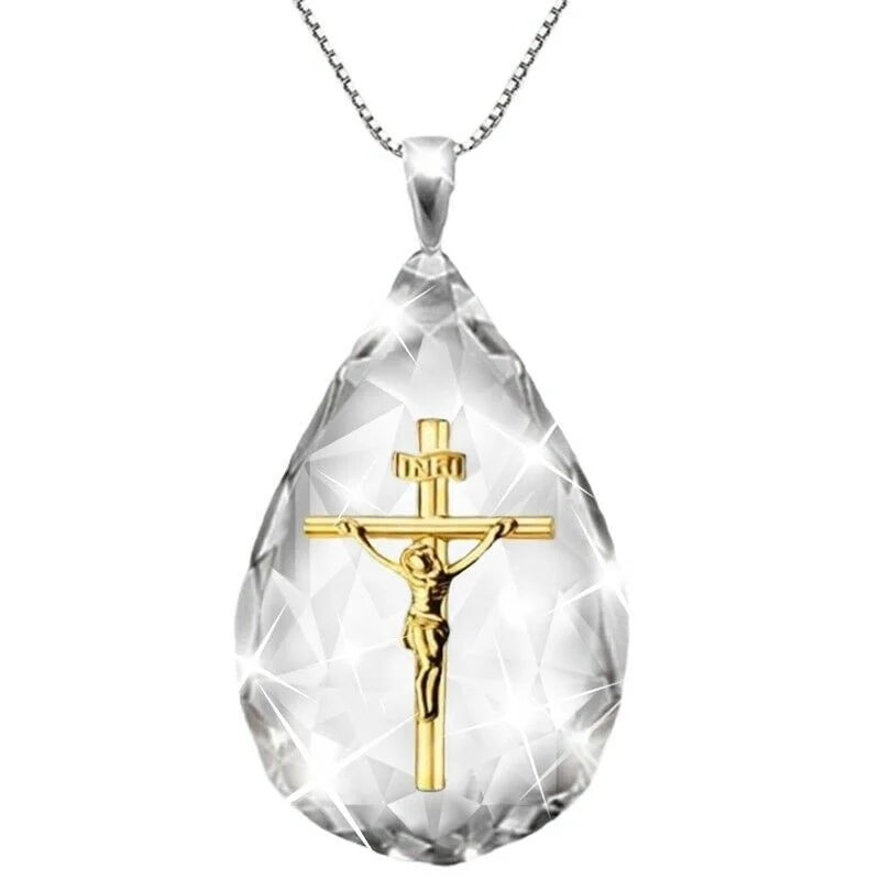 Silver Crystal Water Drop Jesus Cross Pendant Necklace Cross Pendant Necklace Nixie