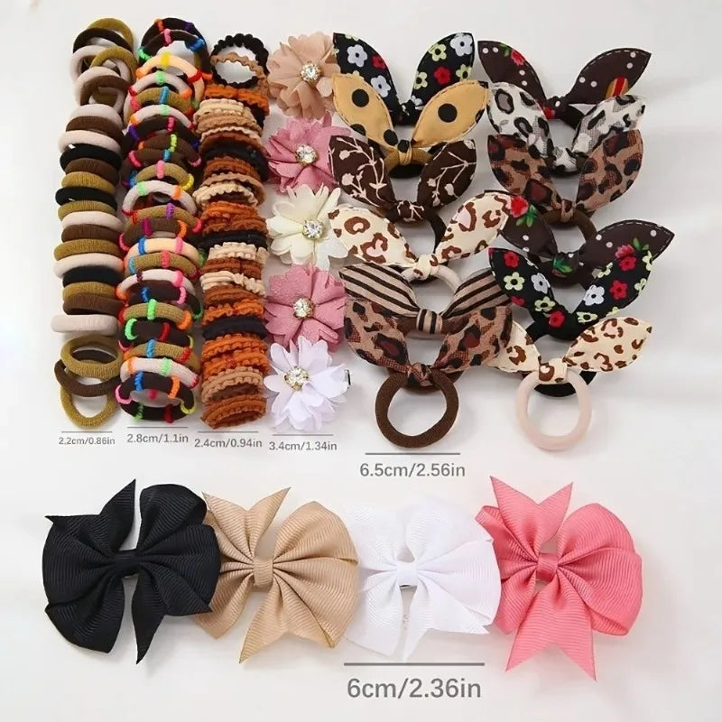 Girls Elastic Floral Bow Hair Bands & Bunny Ear Hair Ties Set Hair Accessories Set Nixie