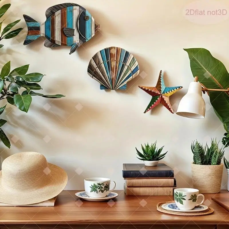 3-Piece Ocean Wooden Wall Art – Fish Shells Starfish Décor Set Wooden Wall Art Nixie