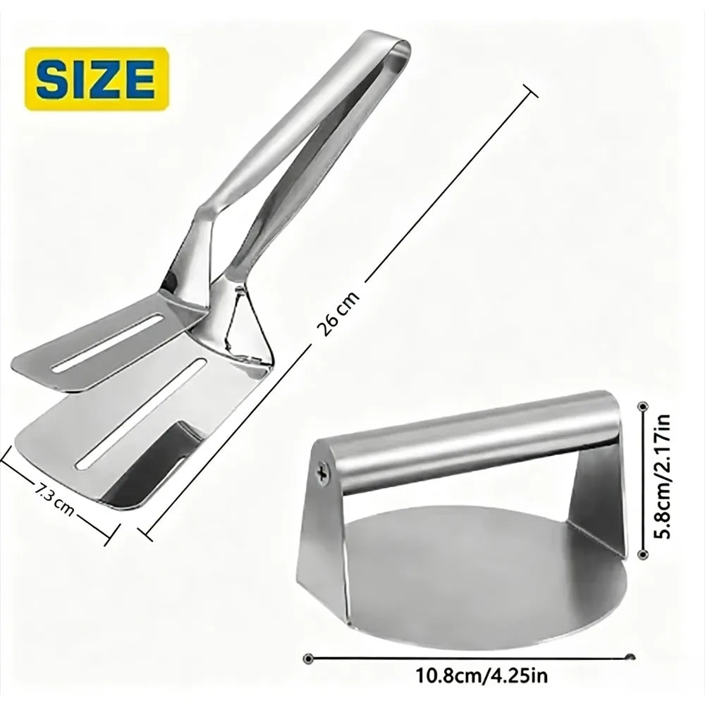 Smash Burger Press & Steak Tongs Set – Heavy-Duty Stainless Steel BBQ Burger Press Set Nixie 2 PCS-SET