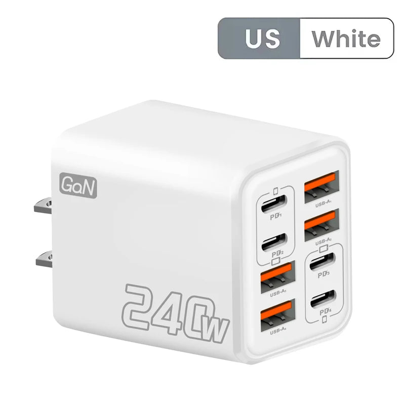 240W GaN 8-in-1 USB-C Fast Charger – EU/US/UK Plug Adapter USB-C GaN Charger Nixie White-US