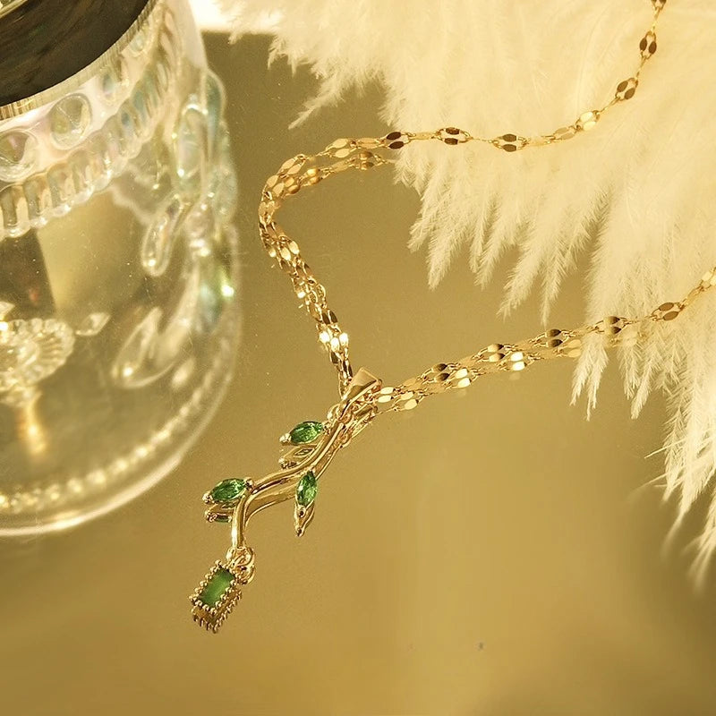 Emerald Branch Pendant Necklace – Gold Green Clavicle Chain Pendant Necklace Nixie
