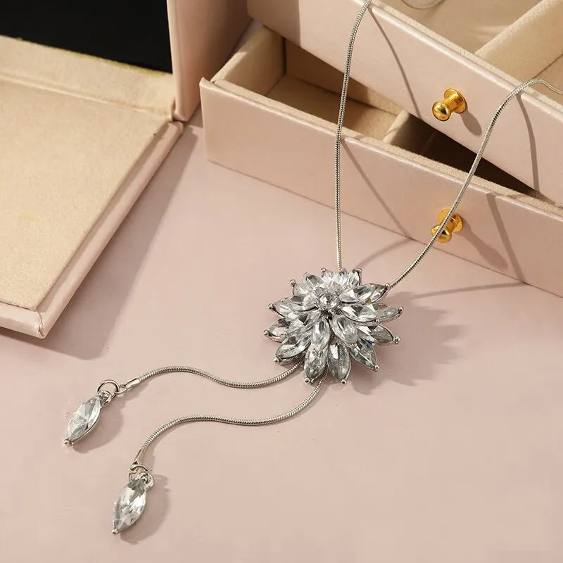 Luxury Tassel Crystal Flower Long Pendant Necklace for Women