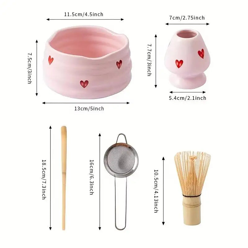 Heart Decal Ceramic Matcha Set – Bowl, Whisk & Bamboo Tools Matcha Tea Set Nixie