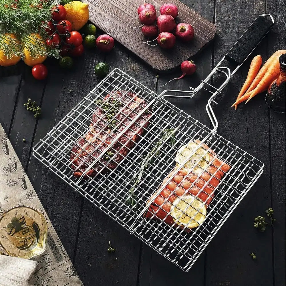 Folding Stainless Steel Fish Grill Basket with Removable Handle BBQ Grilling Basket Nixie
