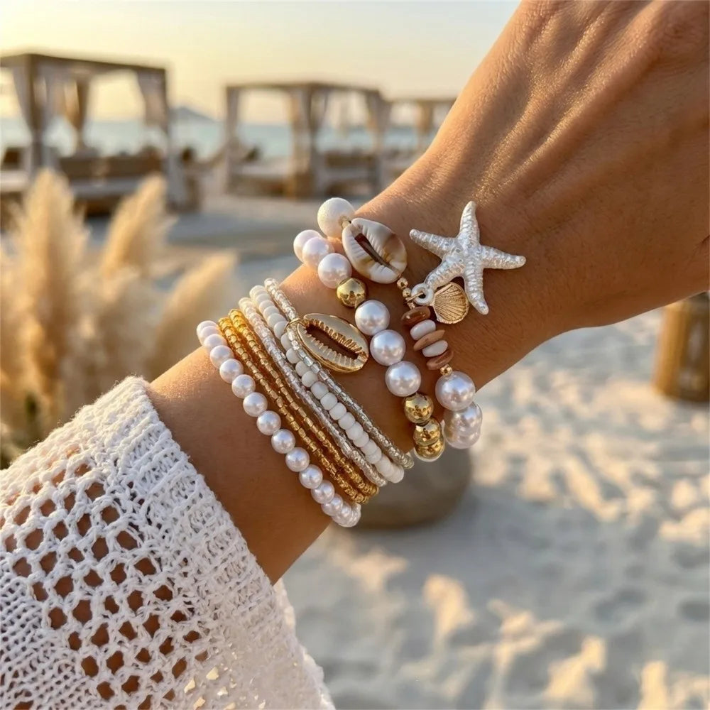 Bohemian Multilayer Shell Bracelet Set – Turtle & Starfish Charm