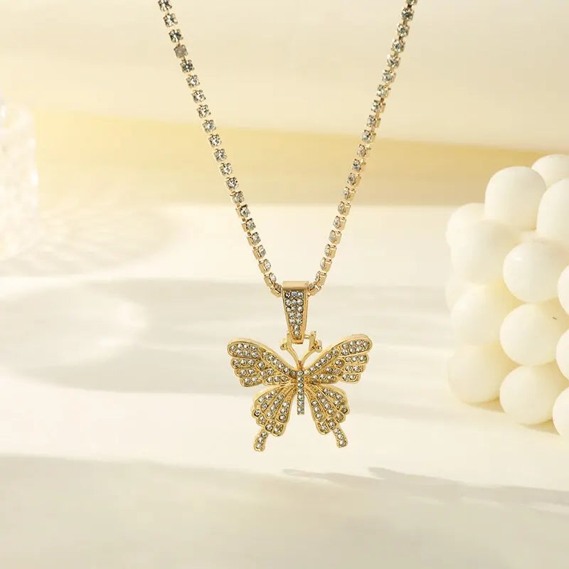 2PCS Butterfly Pendant Necklace – Gold & Silver Rhinestone Set