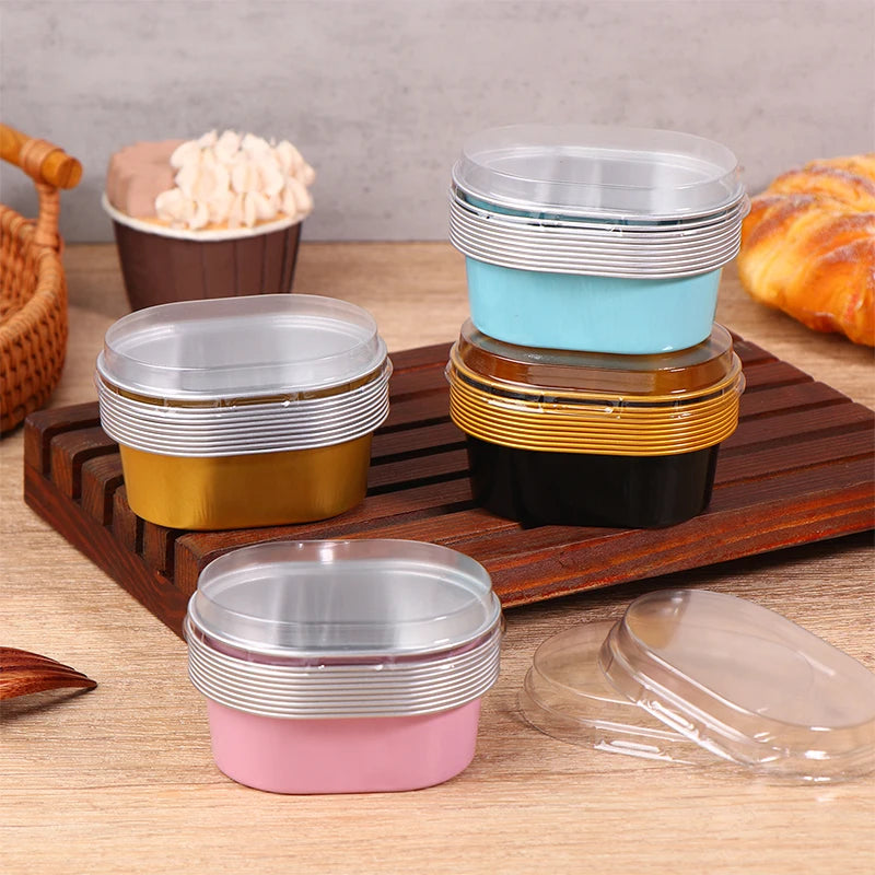 10Pcs Aluminum Foil Baking Cups with Lids – 68ml Oval Dessert Molds Foil Baking Cups Nixie