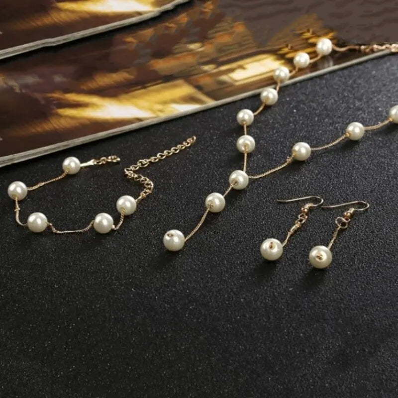 4-Piece Gold Pearl Tassel Jewelry Set – Necklace, Earrings & Bracelet Fashion Jewelry Set Nixie