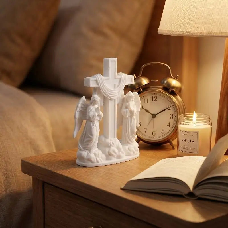 3D Printed White Cross Figurine with Praying Angels – Home Décor Religious Figurine Nixie