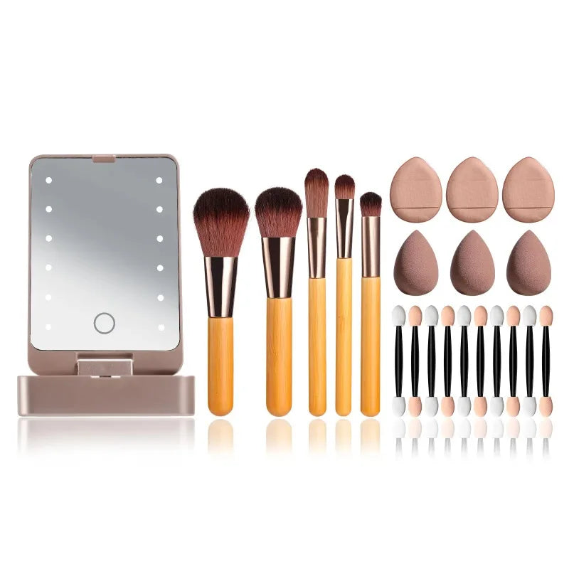 Travel Makeup Brush Set with Illuminated Folding Mirror & Sponges Makeup Mirror Gift Set Nixie